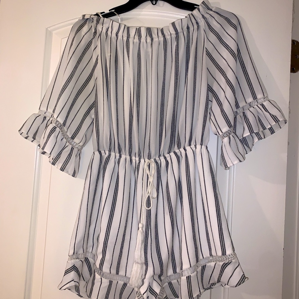 Navy Blue & White Stripe Off the Shoulder Romper